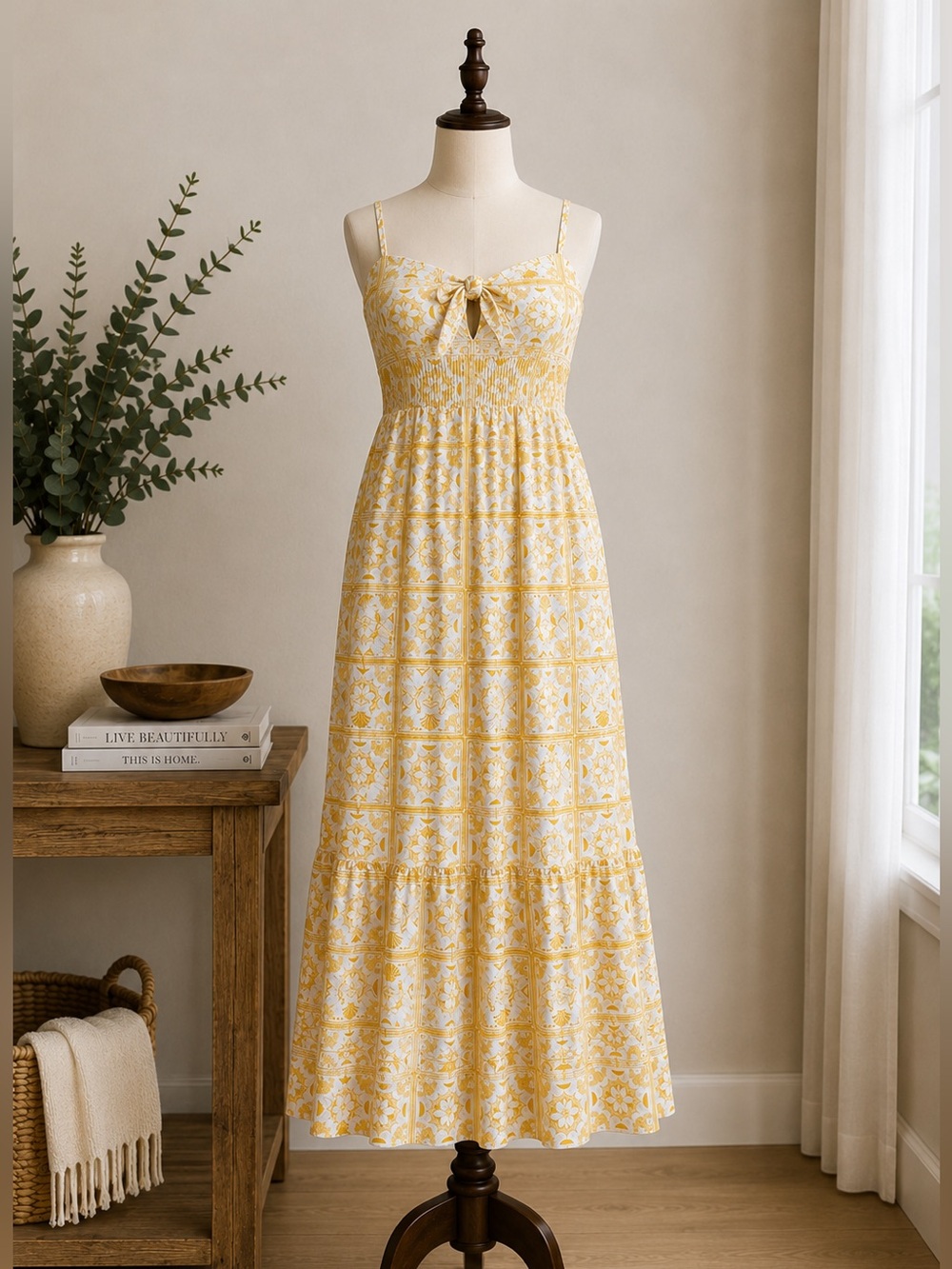 Monteau Los Angeles Yellow White Mediterranean Print Linen Blend Midi Dress S